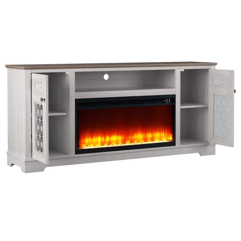 Festivo Farmhouse 70" TV Stand for TVs up to 80" with Fireplace Saw Cut Off White
