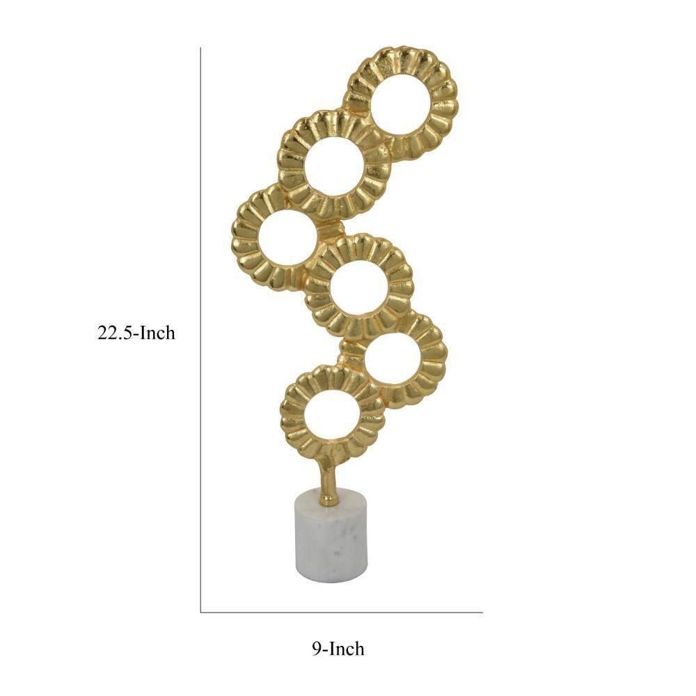 Benjara Sherry Tabletop Decor, 23 Inch Golden Metal Round Patterns, White Base