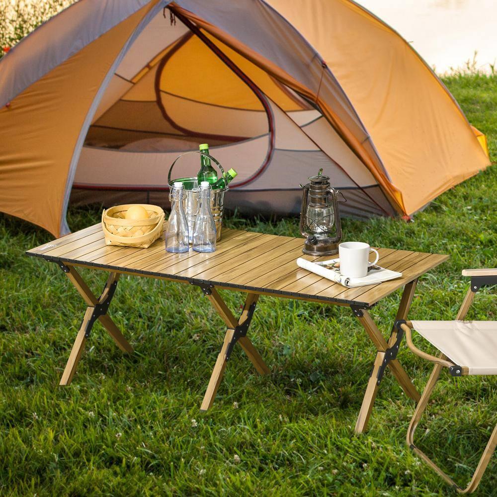 Outsunny Outdoor Portable Table with Collapsing Roll-Up Top, Folding Camping Table, Waterproof Finish, Picnic & Tailgate Table for Beach, Travel, 4'