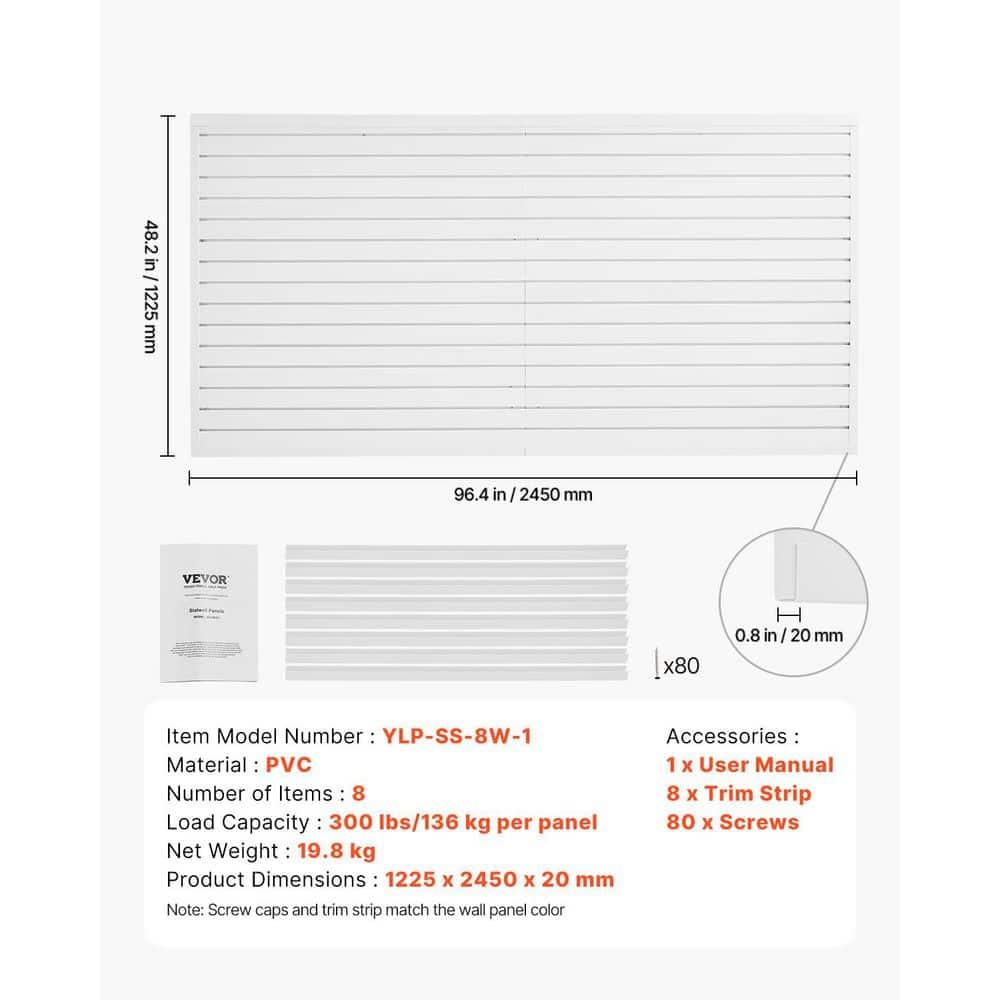 VEVOR Slat Wall Paneling, 8 x 4 ft, PVC Garage Slatwall without Accessories, White Slat Wall Easy-to-Install Adjustable Slatwall Panel with Coupling Structure & DIY Cutting, Fits for Storage & Display