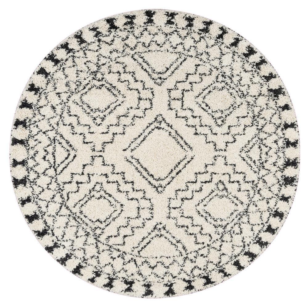 Nuloom Vasiliki Geometric 6 Round Shag Indoor Area Rug for Living Room Bedroom Dining Room Nursery, Off White/Charcoal