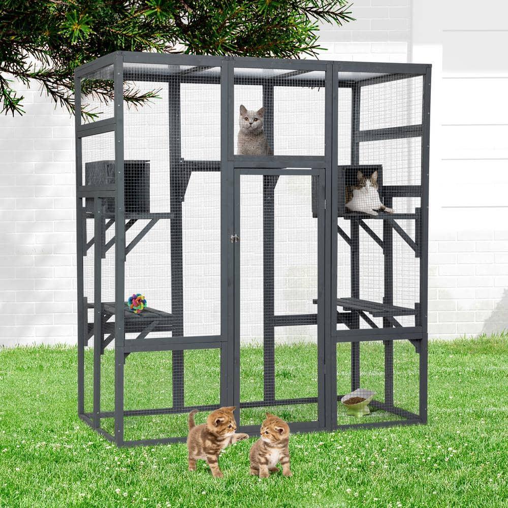 COZIWOW Large Catio Outdoor Cat Enclosure, 70" Spacious Cat House with Perches and Condos with Waterproof Roof, 7 Platforms, and 2 Resting Box, Grey