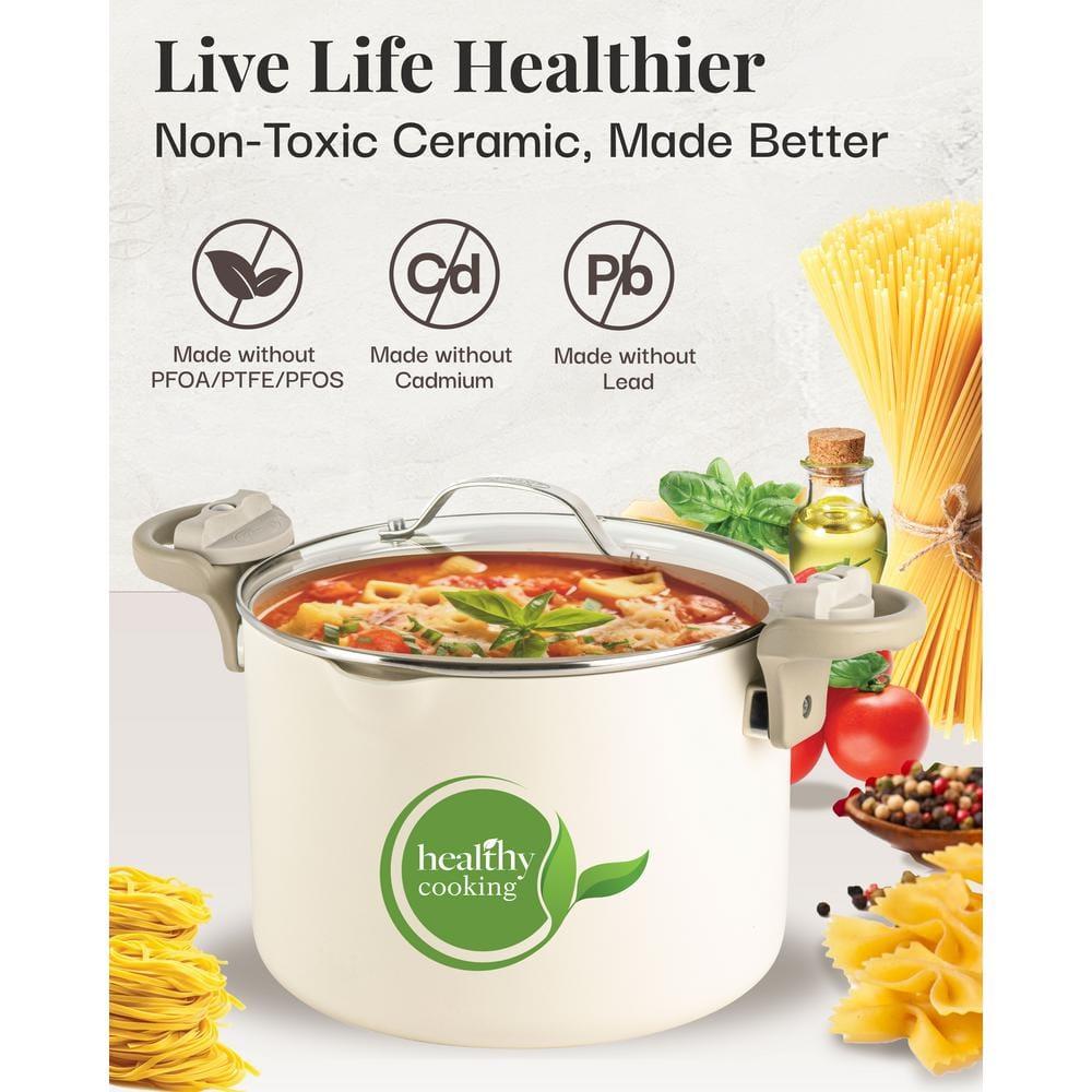 Gotham Steel Cream Ultra Nonstick Ceramic 8 Qt Pasta Pot with Strainer and Twist & Lock Handles
