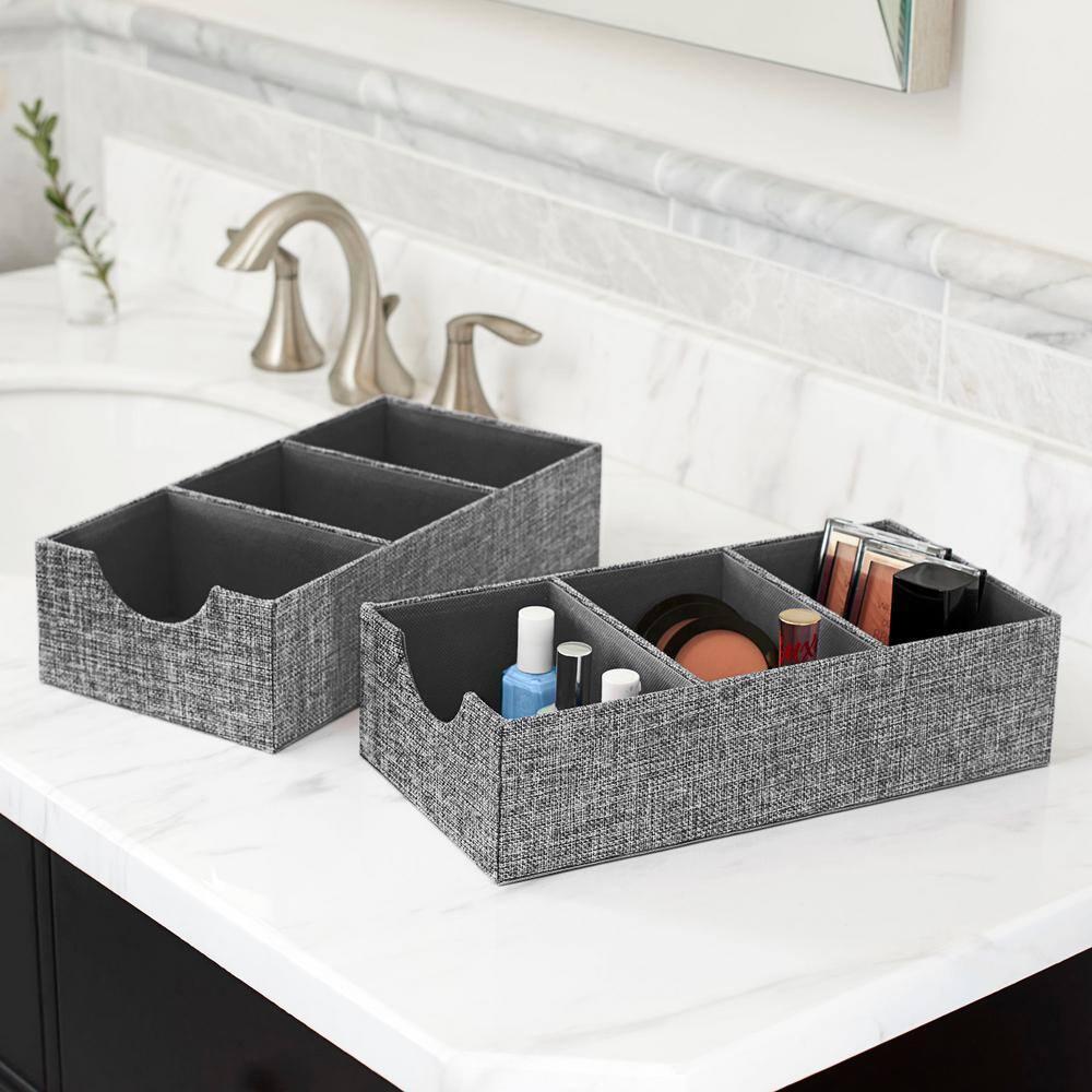 Household Essentials Set of 2 3-Section Drawer Trays Graphite Linen: Stackable Decorative Storage Boxes, Gray, 12"x6"