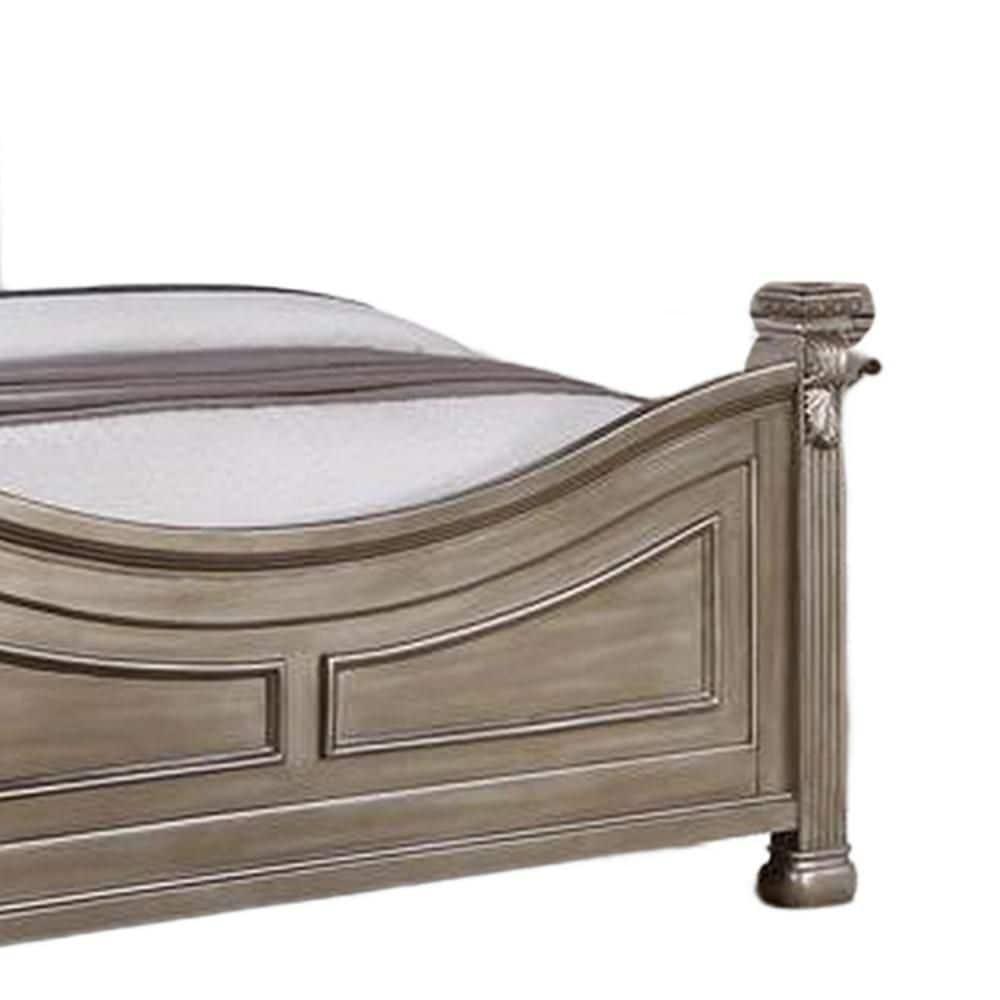 Benjara Aza Traditional Wood Queen Size Bed, Leaf Carvings, Champagne Gold Finish