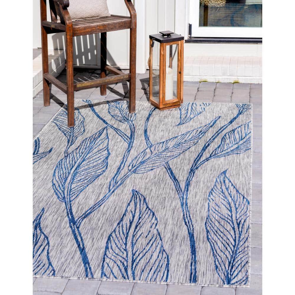 Unique Loom 4' 1 x 6' 1 Rectangle Indoor/Outdoor Botanical Light Gray Area Rug