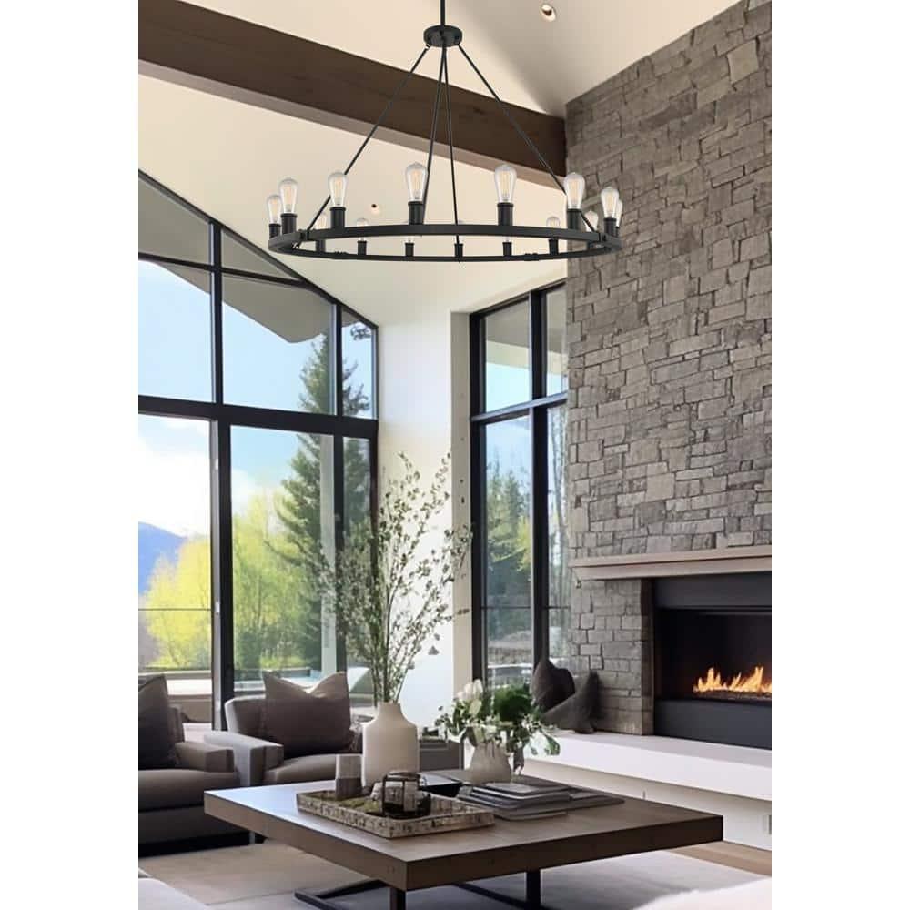 Kira Home Jericho 50" 16-Light Rustic Farmhouse Wagon Wheel Chandelier, Round Kitchen Island Light, Black