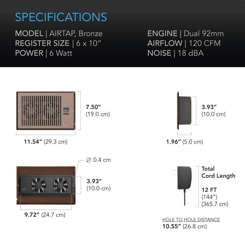 AC Infinity AIRTAP T6 Bronze, Register Booster Fan for 6” x 10” Register Holes, Improves Heating & Cooling Vents, Quiet 10-Speeds, Bluetooth App Control Data Alerts