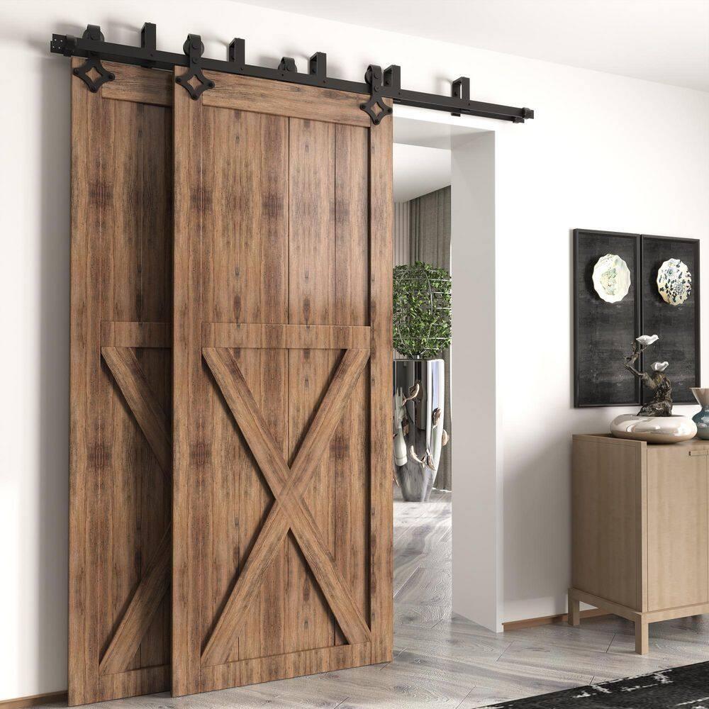 Homacer Black Rustic Diamond Design Double Track Bypass Barn Door Hardware Kit For Two Use( Door Not Included)