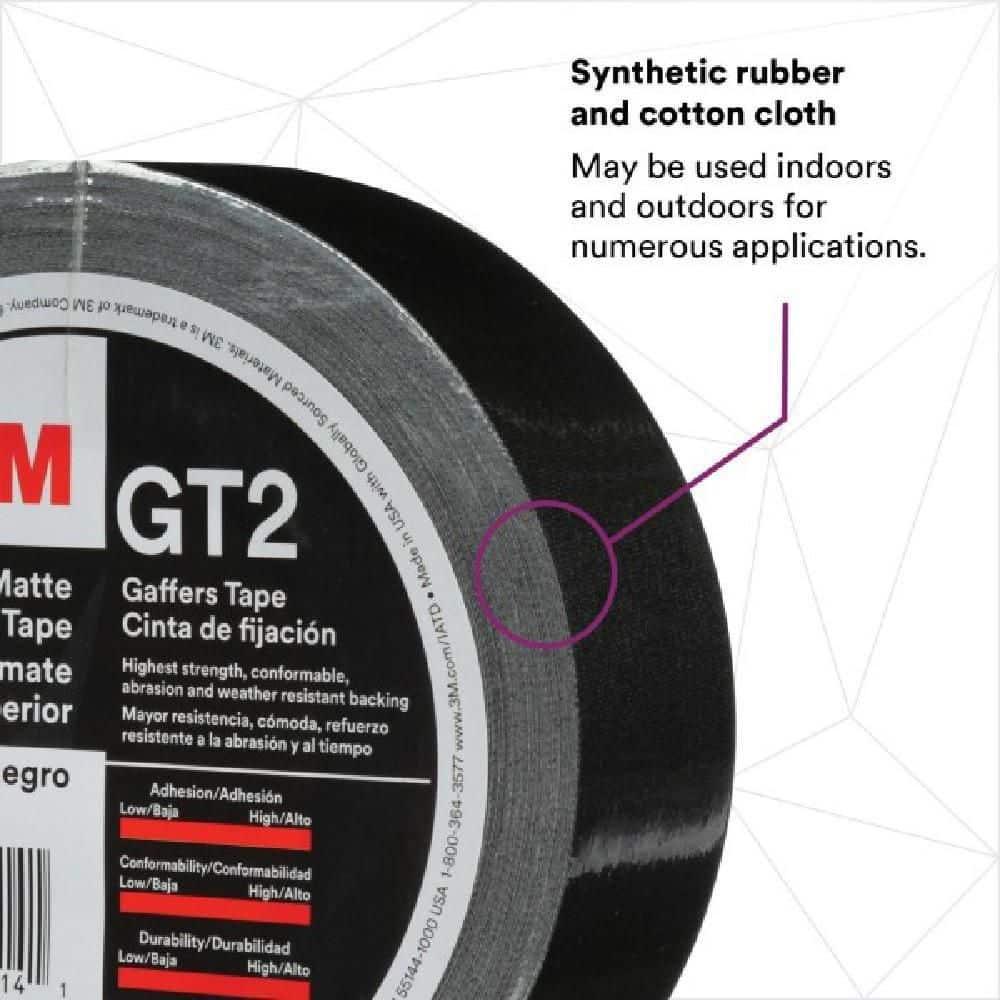 3M Premium Matte Cloth (Gaffers) Tape GT2, High-Strength, Indoor/Outdoor Use, Black, 48 mm x 50 m, 11 mil, 1 Roll, 98514