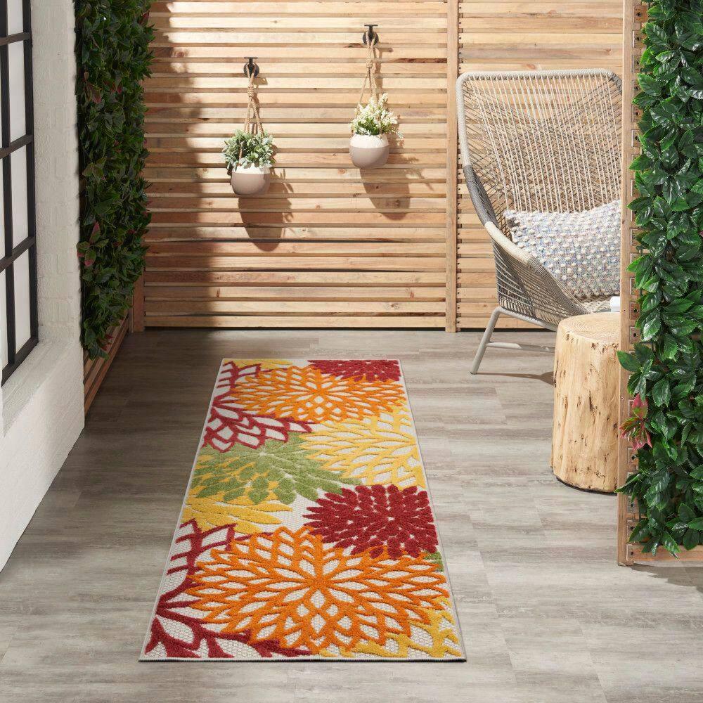 Nourison Aloha Floral Bloom Flatweave High-Low Indoor Outdoor Runner Rug Red Multi Colored 2' x 6'