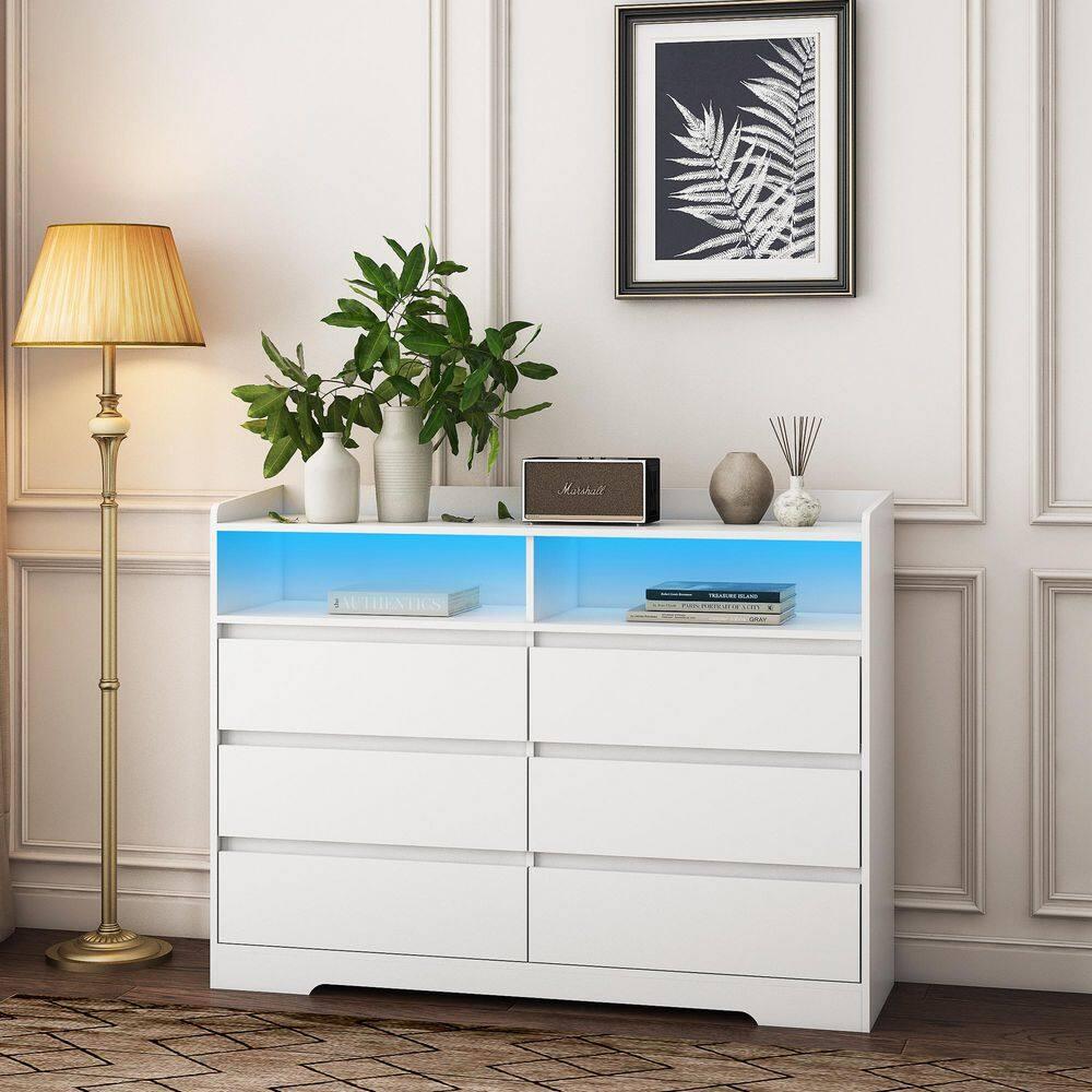 6 Drawer Dresser, White Chest of Drawers for Bedroom with LED Lights, for Living Room, Entryway, Hallway