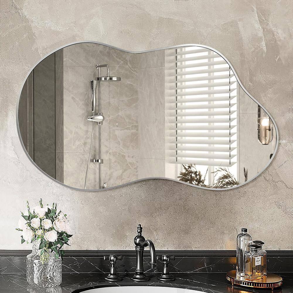 36 in. W. x 20 in. H Irregular Silver Aluminum Alloy Framed Wall Mirror Asymmetrical Wall Mirror
