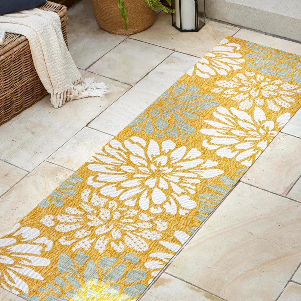 2' x 10' Zinnia Modern Floral Textured Weave Indoor/Outdoor Runner Rug, Yellow/Cream - JONATHAN Y