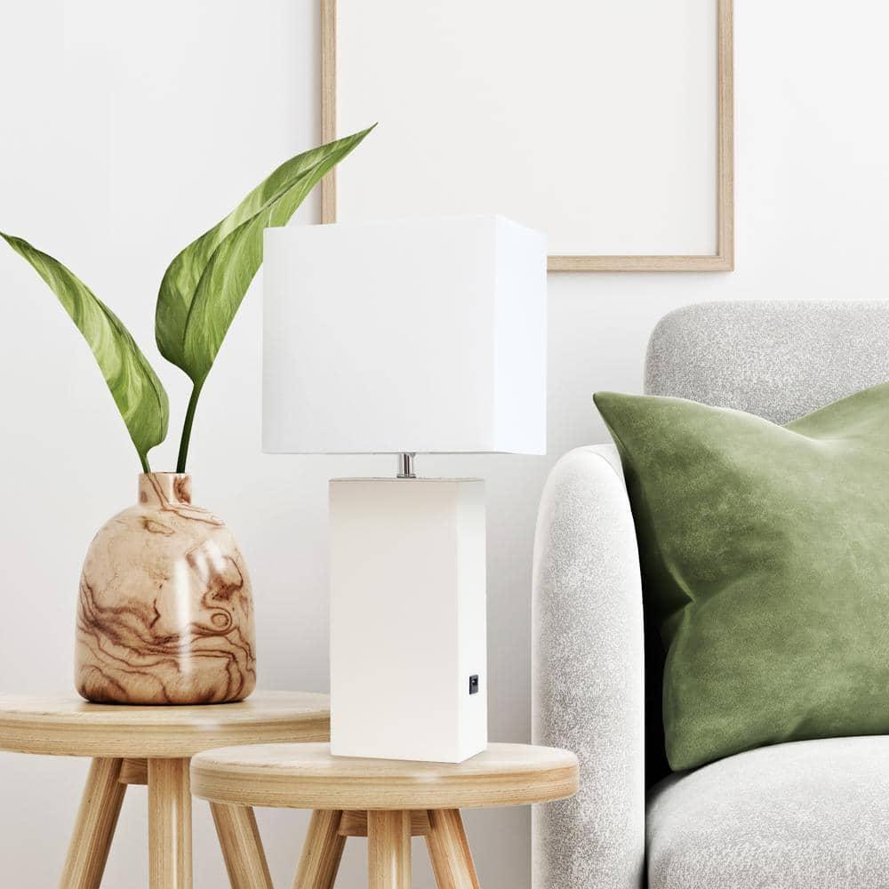 Lalia Home 21" Lexington Leather Base Modern Home Decor Bedside Table Lamp with USB Charging Port White : Fabric Shade