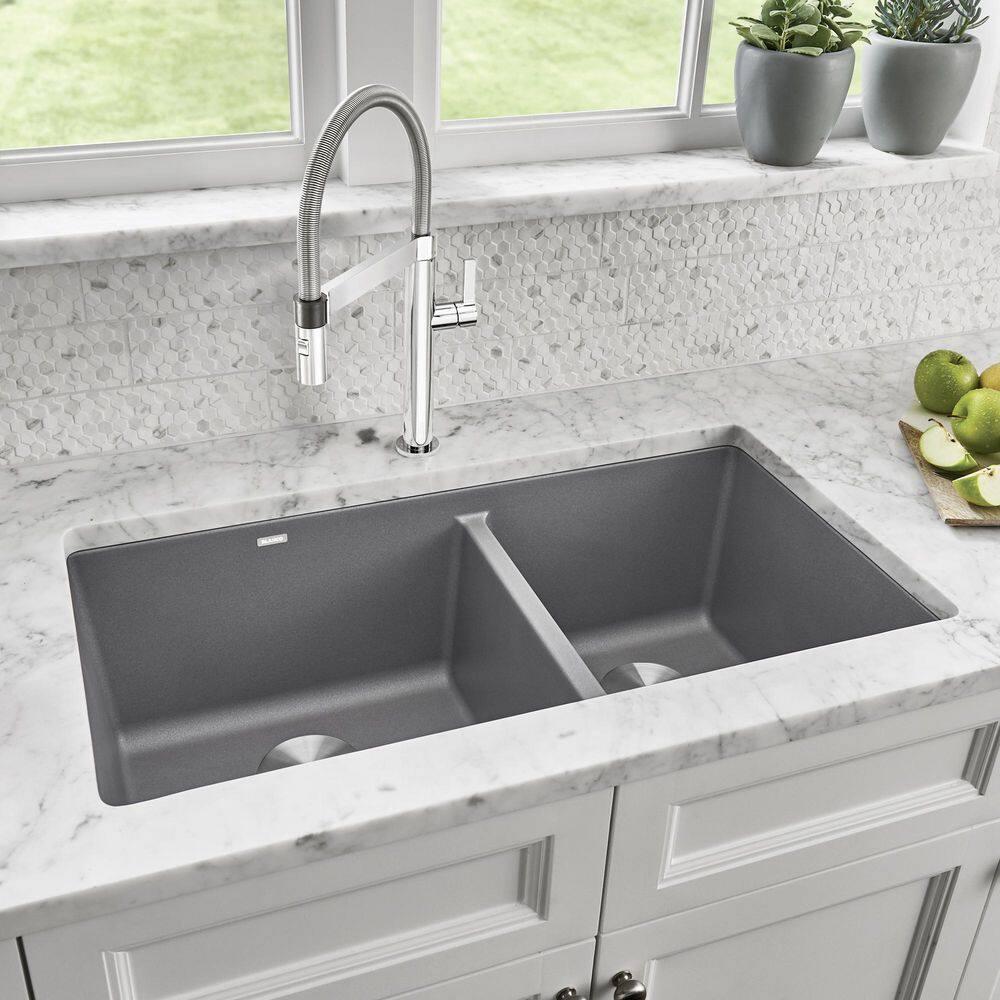 Precis SILGRANIT 33" L X 18" W Double Bowl Undermount Kitchen Sink