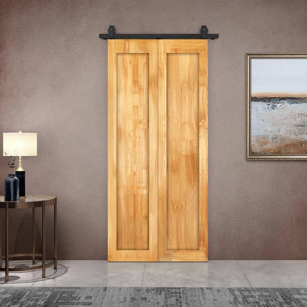 Calhome 1 Panel Shaker Pine Wood Bi-Fold Door with Sliding Barn Door Hardware Kit