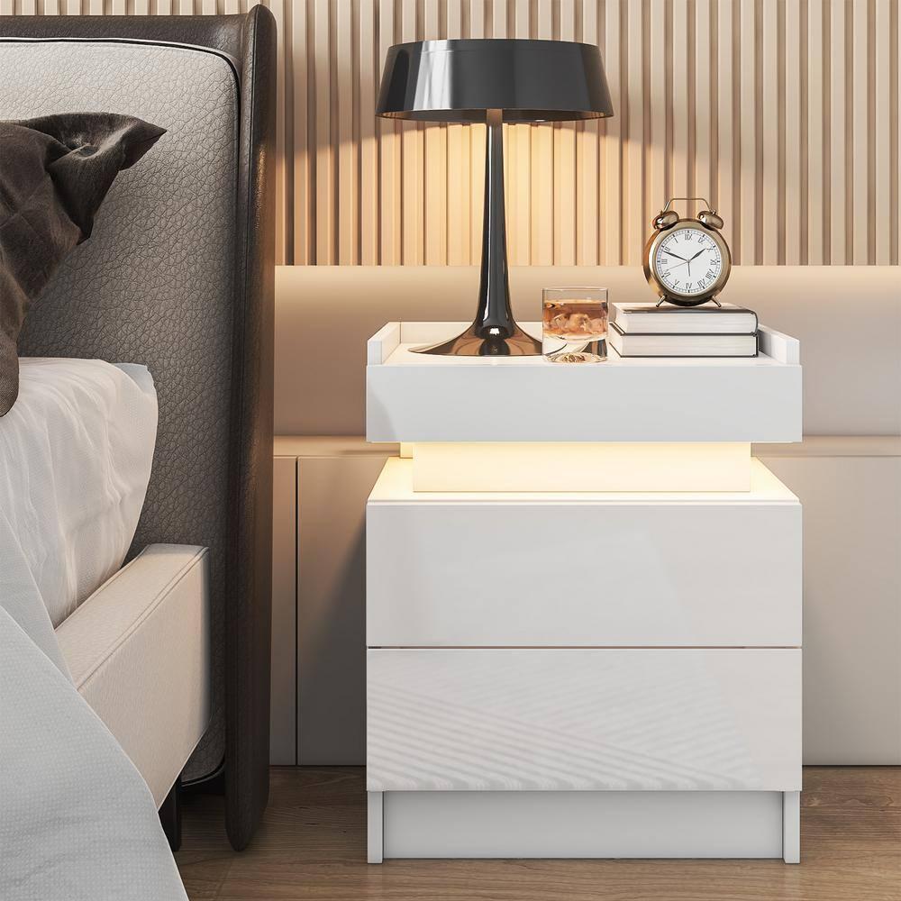Hommpa High Gloss Tall 2 Drawer Nightstand LED Bedside Table Cabinet Bedroom Furniture White