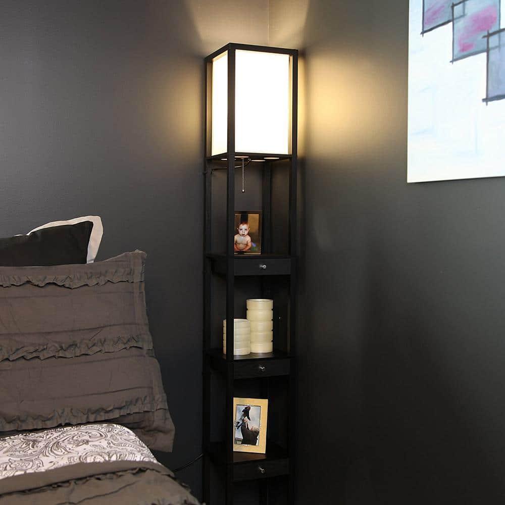 Brightech Maxwell 72" Traditional LED Shelf Floor Lamp with Black Finish, 4 Built-In Shelves, 3 Storage Drawers, Bulb Included