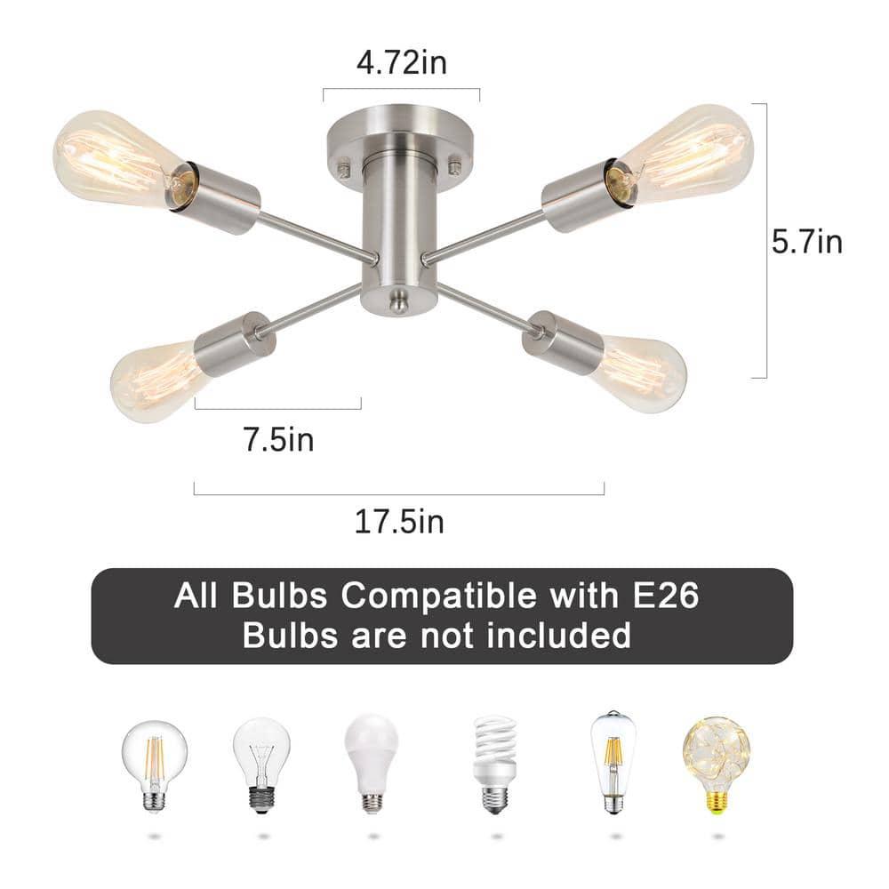 Sputnik Chandeliers, 4 Lights Kitchen Lighting Fixtures Ceiling Brushed Nickel Chandelier, Semi Flush Mount Ceiling Light Fixture for Bedroom Hallway Kitchen Living Room Dining Room