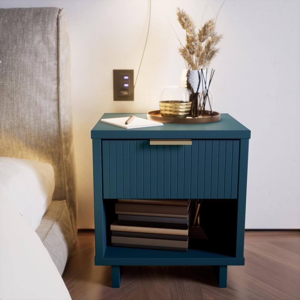 Manhattan Comfort Granville Modern 1 Drawer Nightstand Midnight Blue: Wood Frame, Storage Shelf, 30 Day Warranty