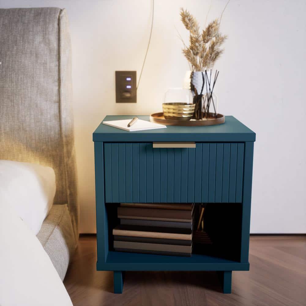 Manhattan Comfort Granville Modern 1 Drawer Nightstand Midnight Blue: Wood Frame, Storage Shelf, 30 Day Warranty