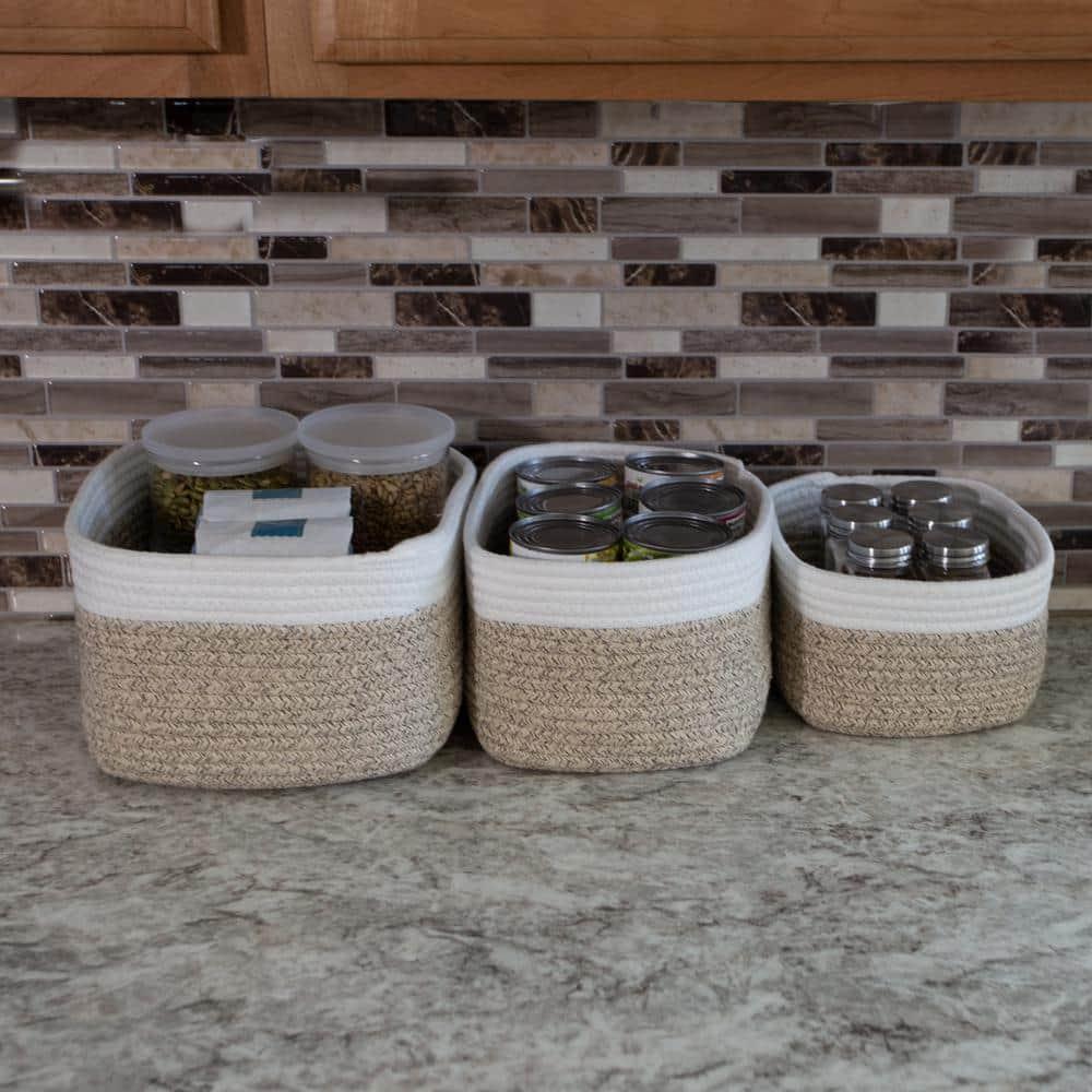 Home-Complete 3pc Storage Basket Set Natural: Cotton Square Decorative Bins for Shelves, Hand Wash, 12"x8.5"x5.5"