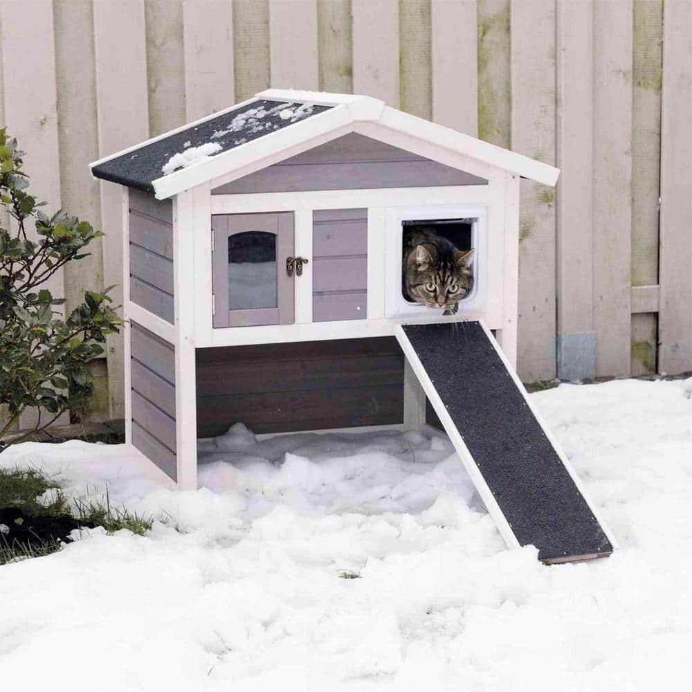 Gray and White 2-Story Insulated Outdoor Cat House with Ramp