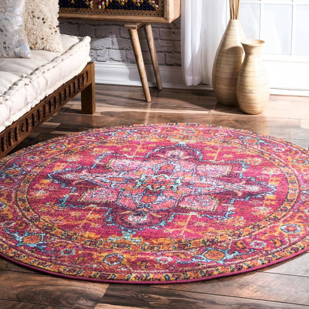 Vonda Pink and Orange Synthetic Round Area Rug, 5' Diameter