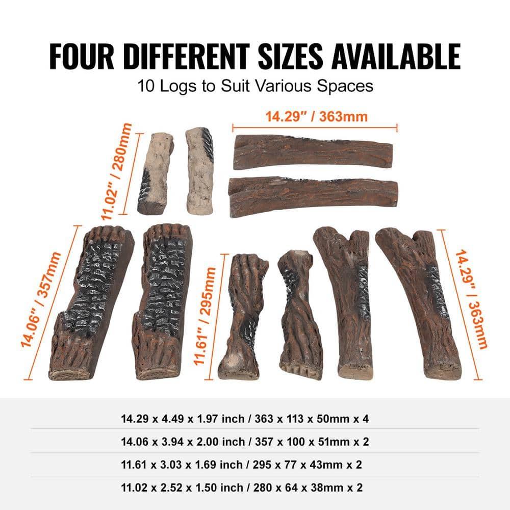 SKYSHALO 10 Piece Ceramic Fireplace Logs, Durable Decorative Logs for Gas Fireplaces, Realistic and Heat-Resistant, Ideal for Indoor and Outdoor Firebowls, Easily Stackable