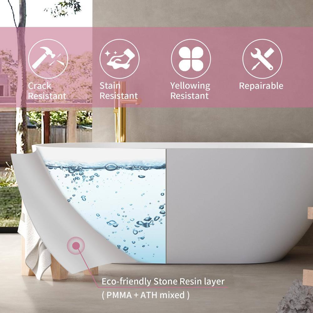 69'' x 29.5'' Freestanding Soaking Solid Surface Bathtub in White Finish with Drain