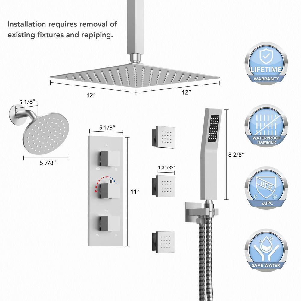 Thermostatic Shower Faucet System,12" & 6" Dual Shower Head with Rough-In Valve
