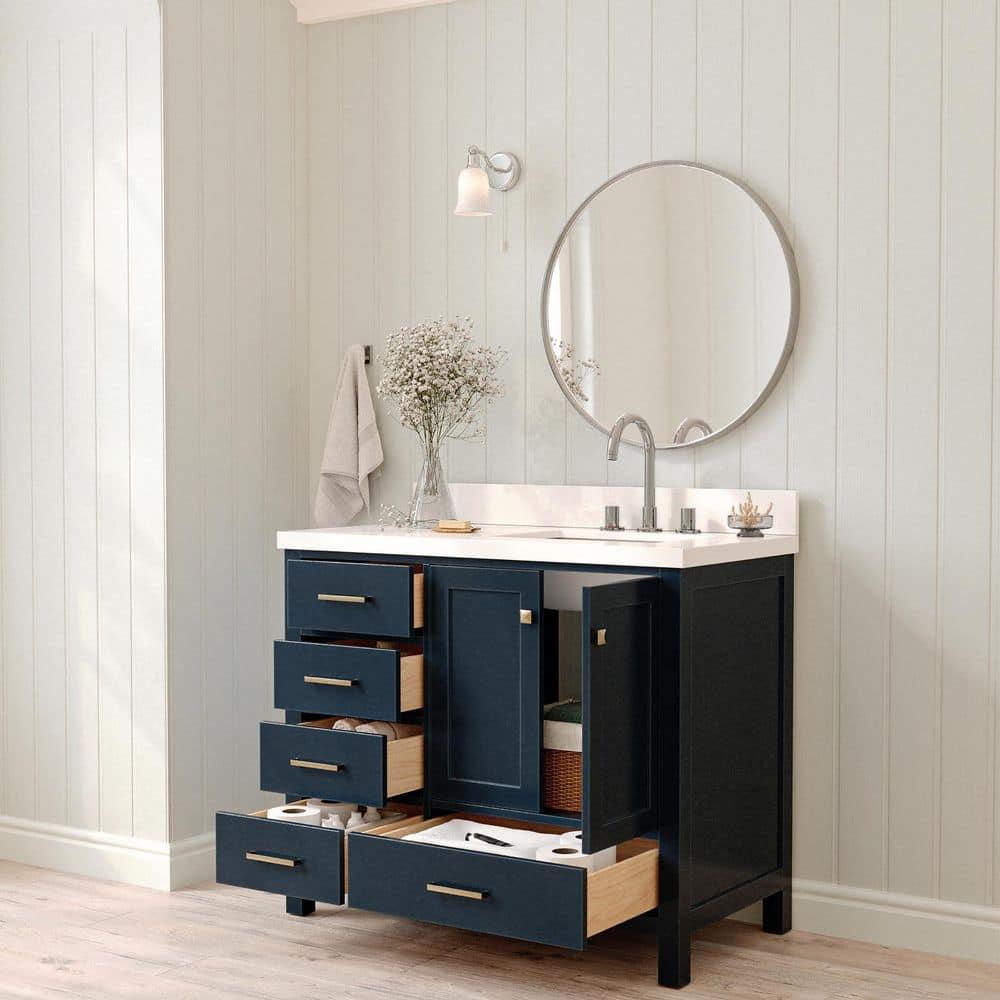 ARIEL Cambridge 43 Inch Midnight Blue Bathroom Vanity with Single Sink, Solid Wood, White Quartz Countertop, 1.5-Inch Edge, Right Rectangular Undermount Sink, 2 Soft Closing Doors, 5 Drawers