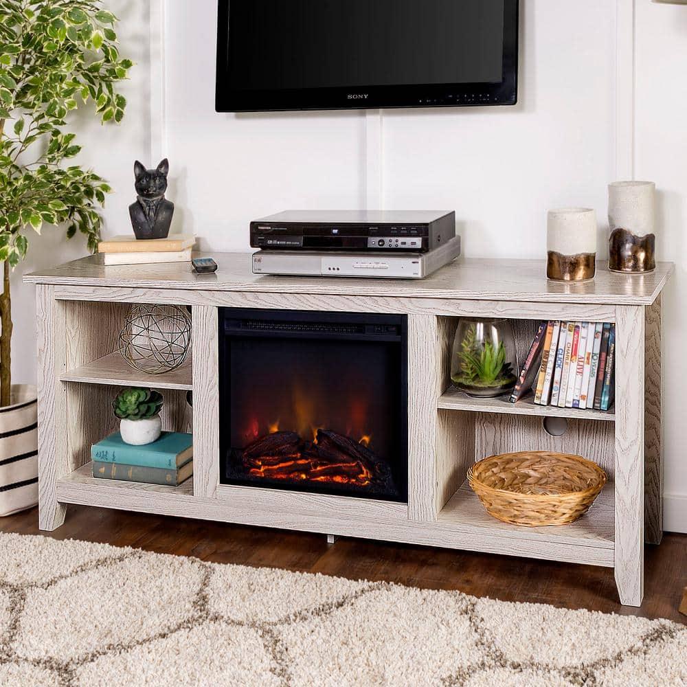 Walker Edison Wren Classic 4 Cubby Fireplace TV Stand for TVs up to 65 Inches, 58 Inch, White Wash