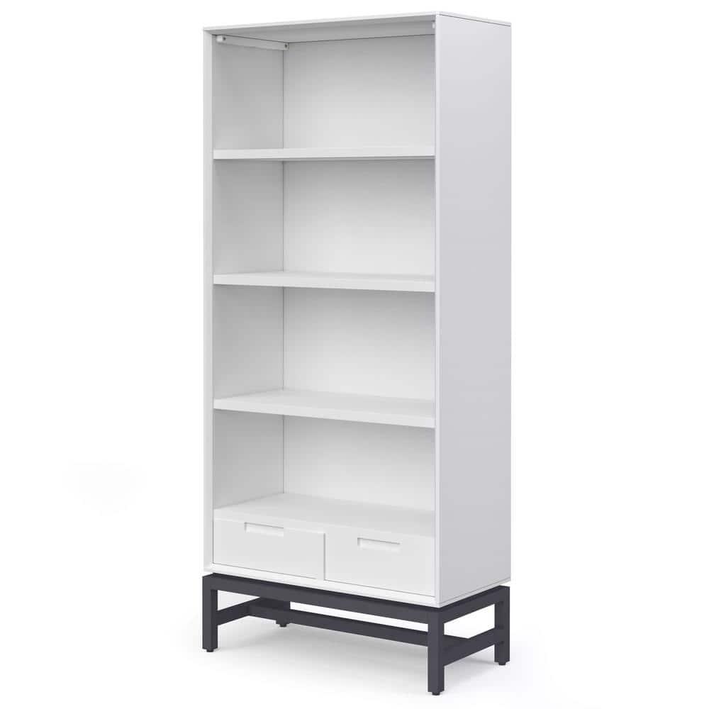 Simpli Home Banting 30"W Solid Wood 4 Shelf Industrial Bookcase with 2 Drawers, Adjustable Shelves, and Metal Base