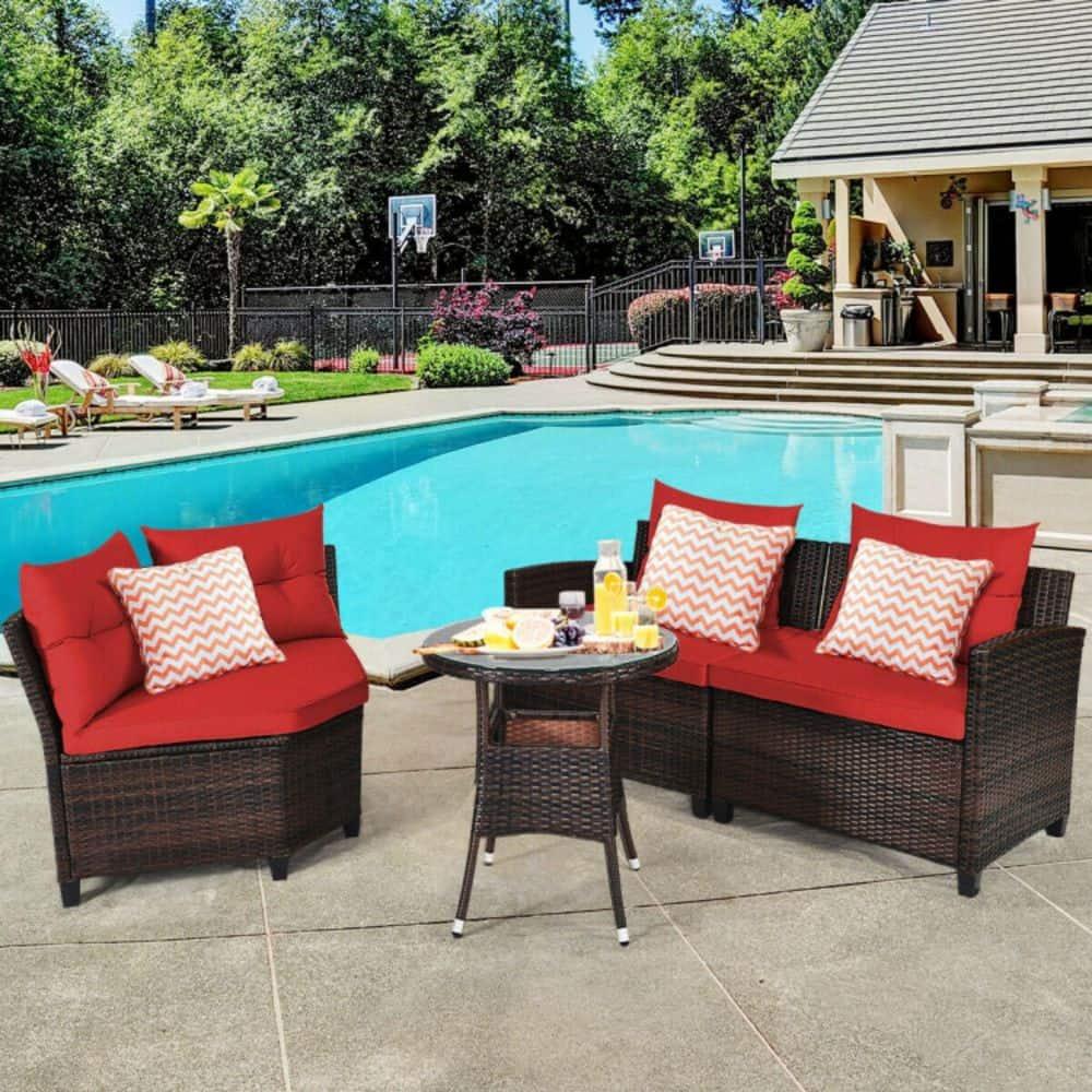 Costway 4PCS Outdoor Patio Rattan Furniture Set Cushioned Sofa Table Red