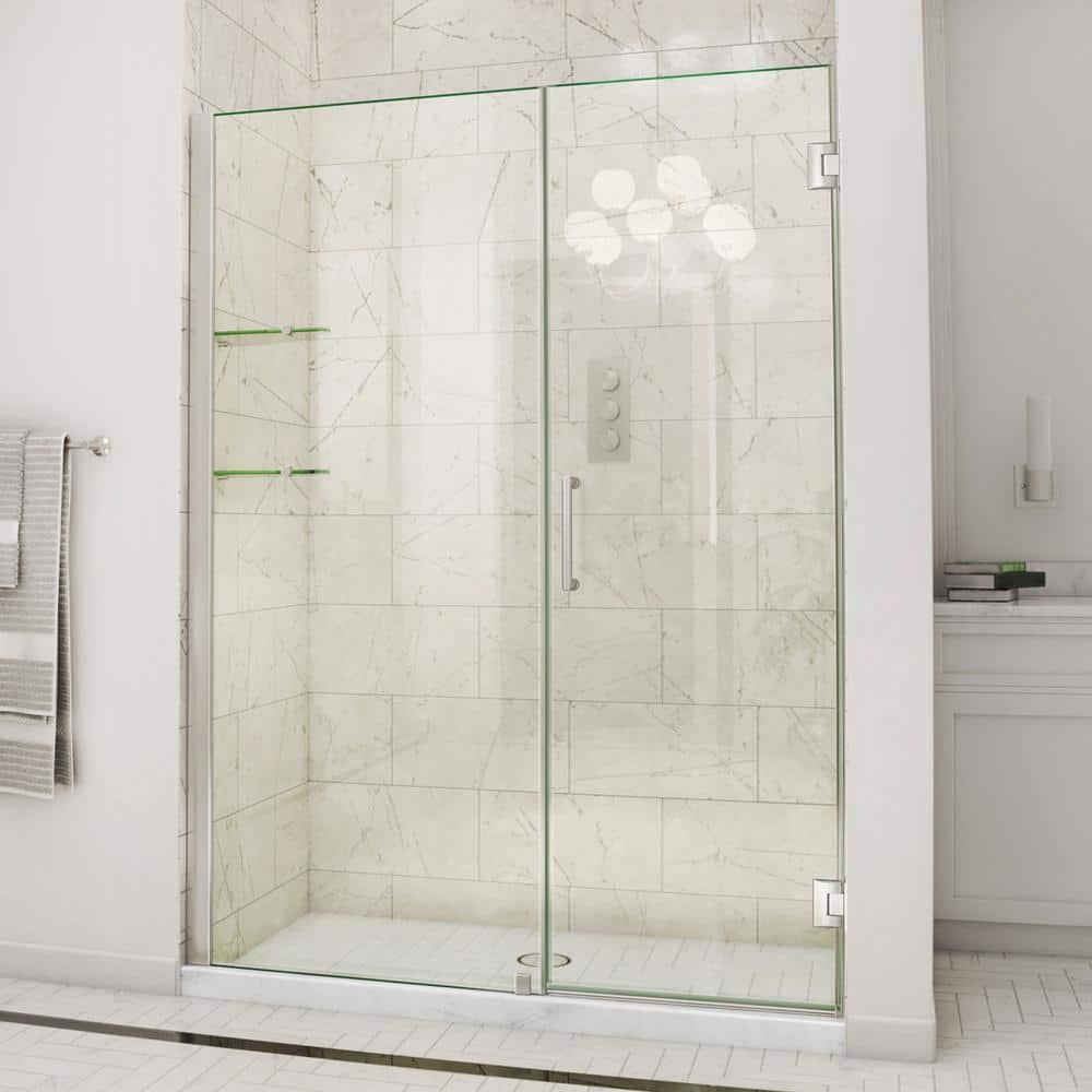 Unidoor 57" W x 72" H Hinged Frameless Shower Door and Fixed Panel with ClearMax Glass Treatment