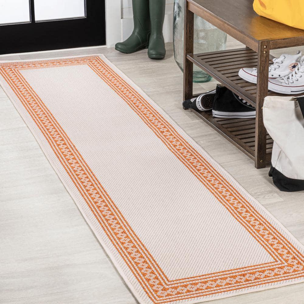 2' x 8' Lucia Classic Diamond Border Indoor/Outdoor Runner Rug, Cream/Orange - JONATHAN Y
