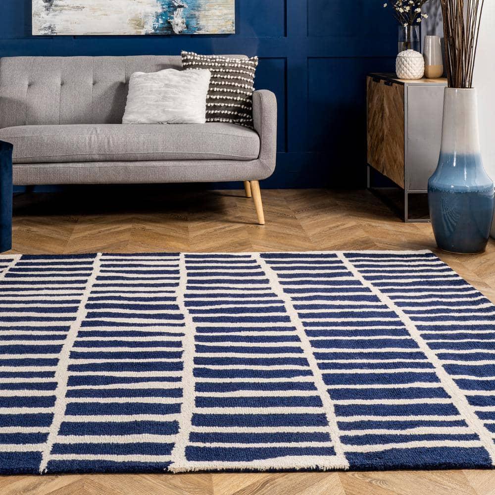 Nuloom Lemuel Geometric 8x10 Wool Indoor Area Rug for Living Room Bedroom Dining Room Kitchen, Navy/Ivory