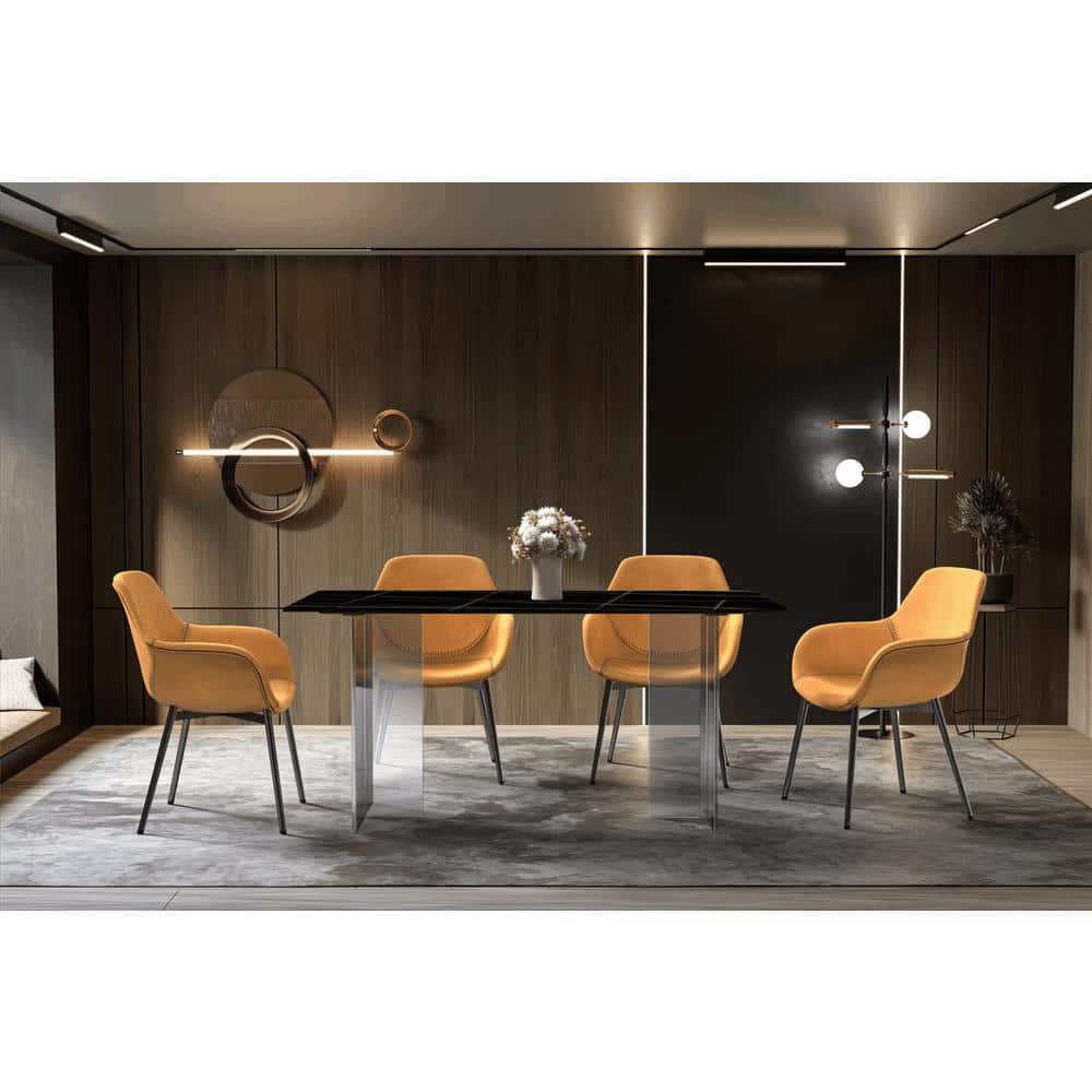 LeisureMod Modern 62” Rectangular Dining Table for 4 to 8 People with Sintered Stone/Glass Top and Acrylic Base Kova Series in Black/Gold