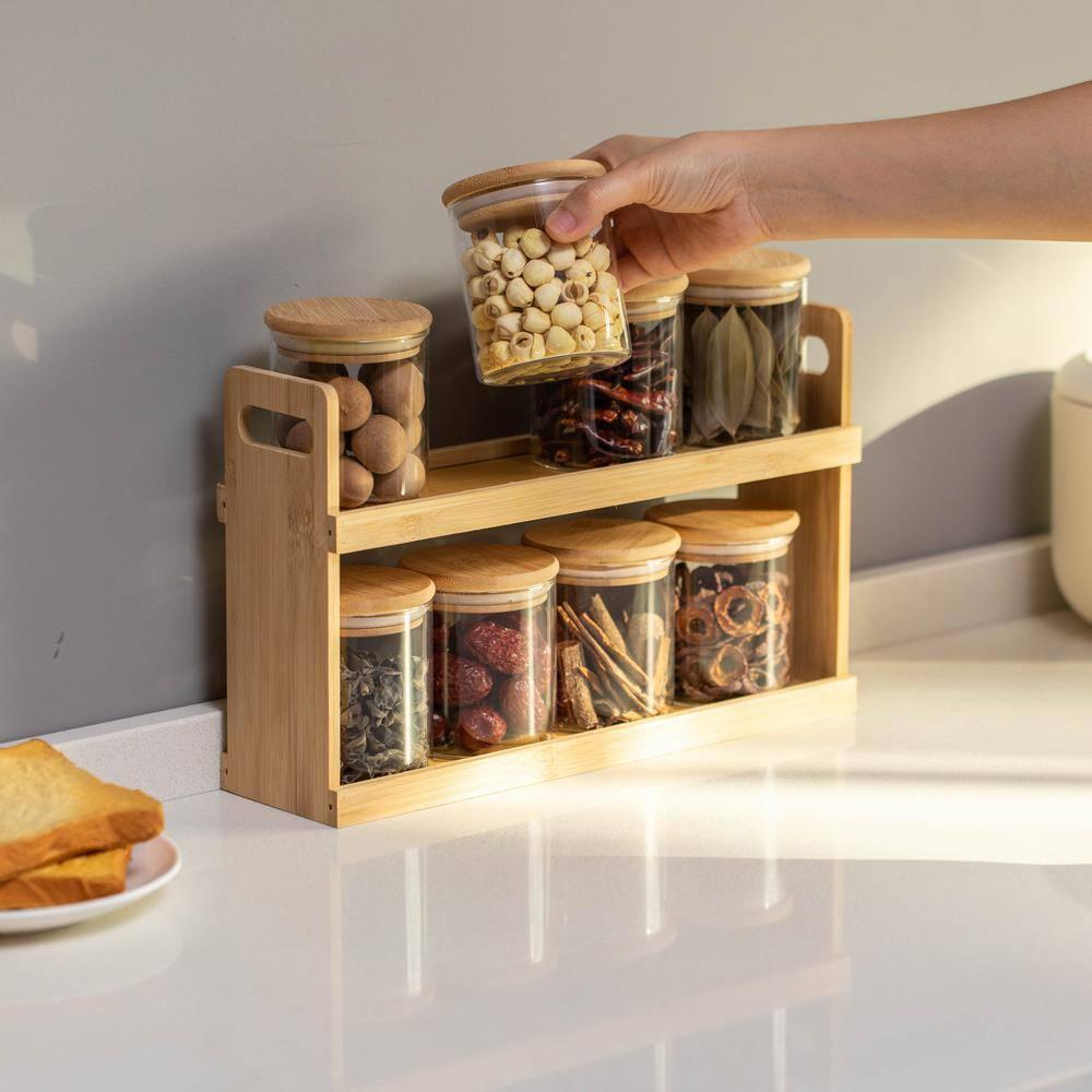 Basicwise 2-Tier Bamboo Spice Rack & Pantry Organizer with 8 Glass Jars.Perfect for Storage in Kitchens to Keep Seasoning Containers Neatly Displayed