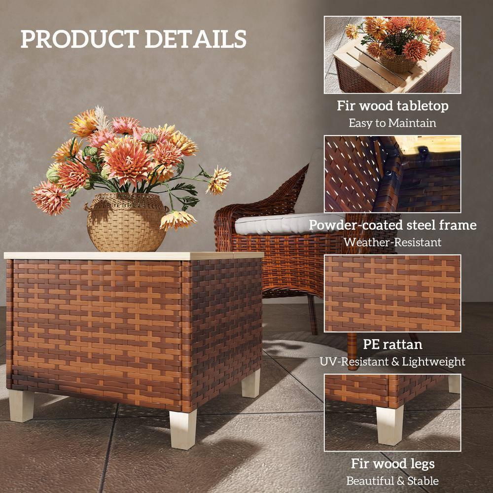 Outsunny PE Rattan Outdoor Side Table, Patio End Table with Wood Top, Brown