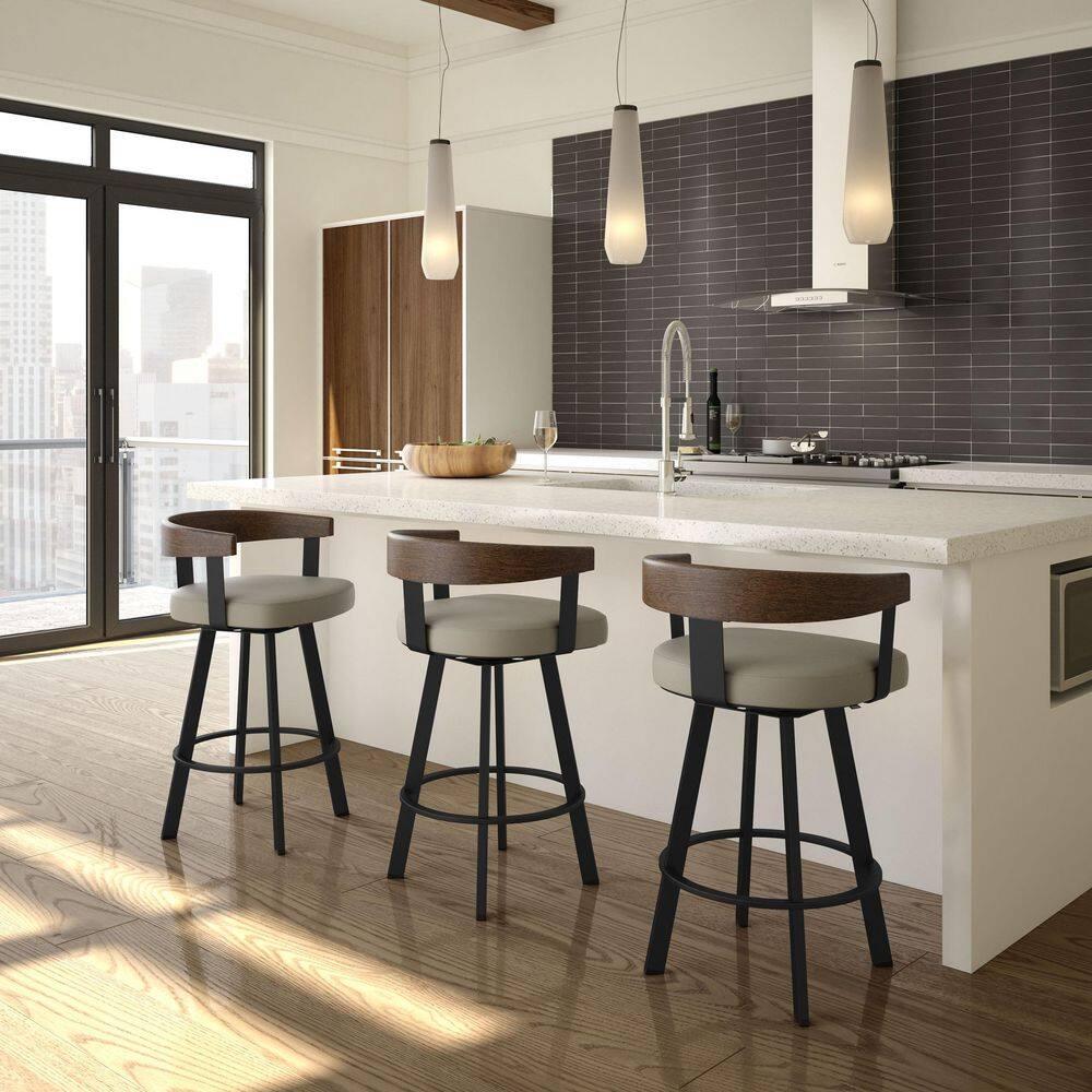 Amisco Lars Upholstered Counter Height Barstool Greige/Black: Faux Leather, Steel Frame, 26" Seat