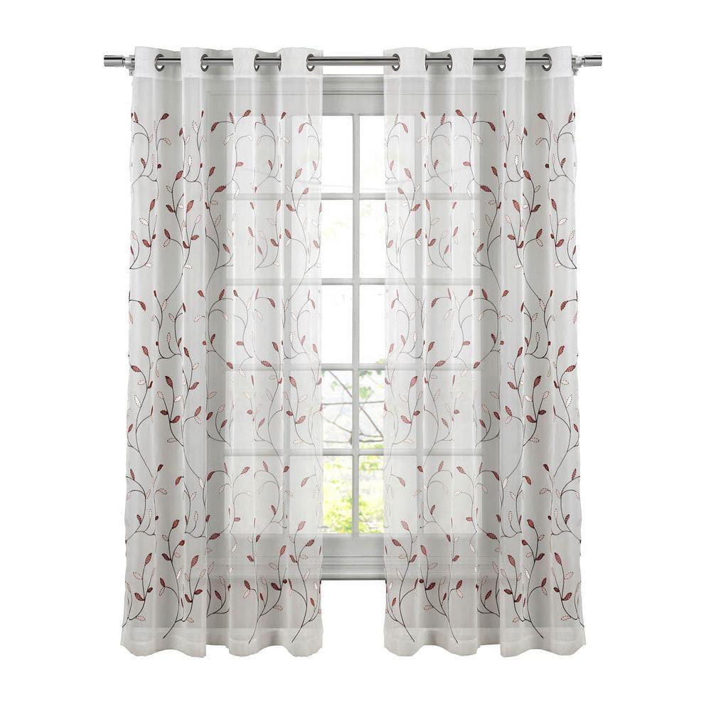Grommet Curtain Panel, Embroidered Sheer Extra-Wide, Red 54" x 84"