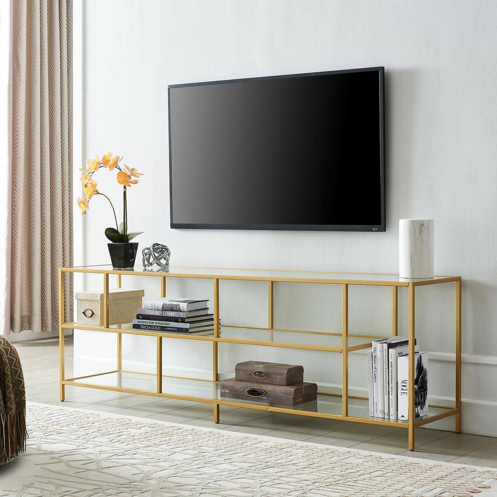 Evelyn&Zoe Winthrop Rectangular TV Stand with Glass Shelves for TV's up to 75", Brass