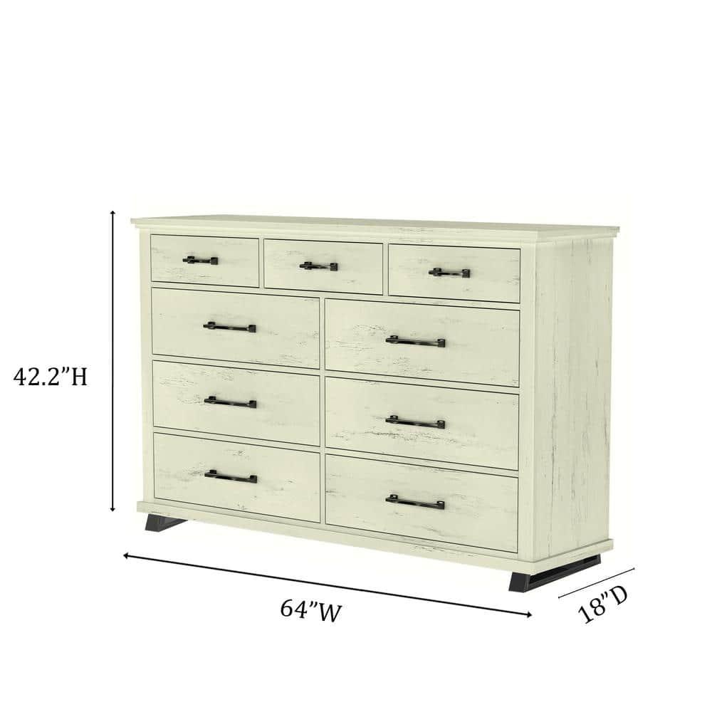 64" Dresser with 9 Drawers Cut Off-White - Festivo: Modern Farmhouse Style, Iron Leg Support, MDF Construction
