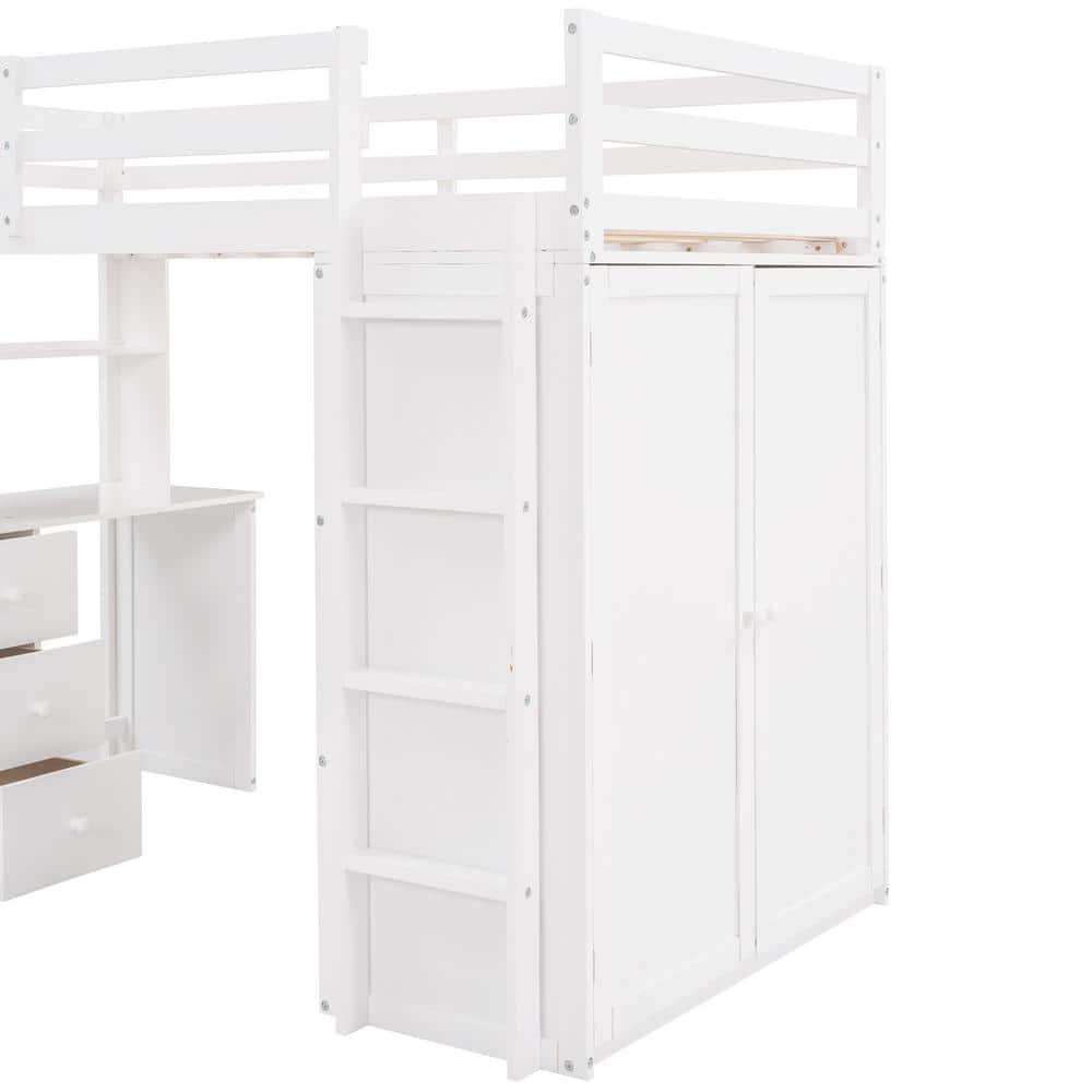Twin size Loft Bed with Drawers,Desk,and Wardrobe-White