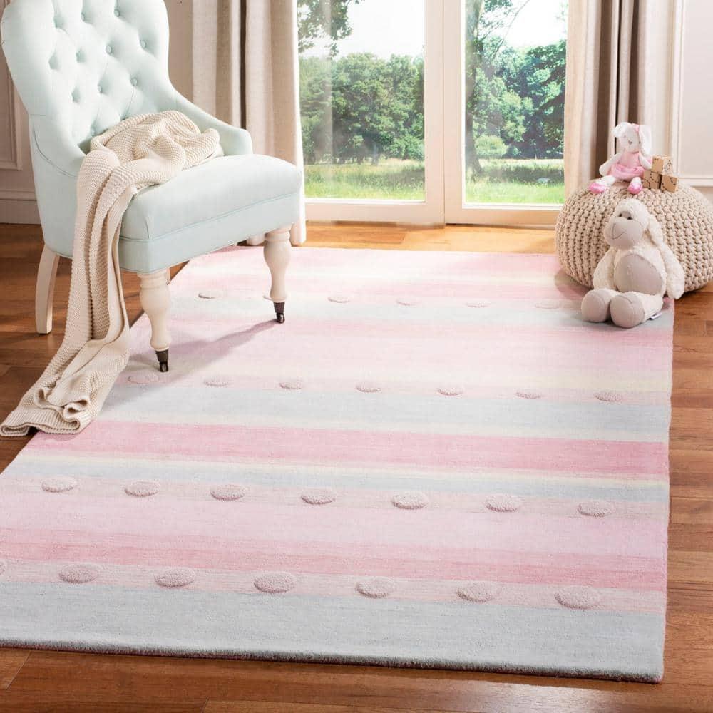 SAFAVIEH Kids Jayde Geometric Striped Wool Area Rug, Light Blue/Pink, 6' x 9'