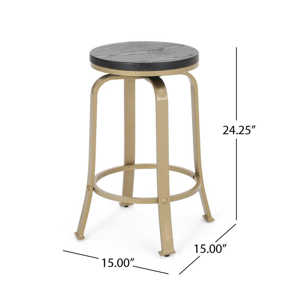 Noble House Salome Modern Industrial Faux Wood Overlay Swiveling Counter Stool, Set of 2, Black and Brass