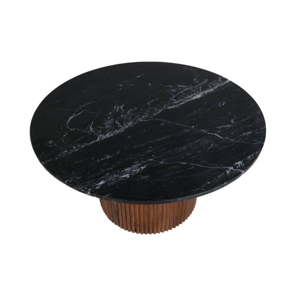 Sagebrook Home 18" Mango Wood and Marble Round Reeded Coffee Table Brown/Black: Elegant Pedestal Base, No Assembly Required